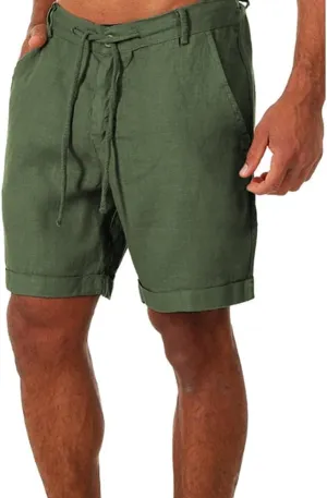 Men's Linen Casual Classic Short Elastic Waist Summer Beach Lightweight Board Slim-Fit with Pockets