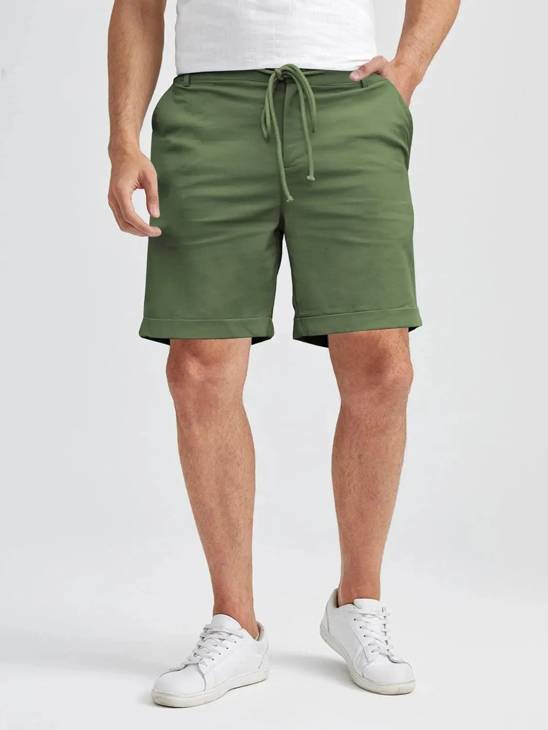 Men's Linen Casual Classic Short Elastic Waist Summer Beach Lightweight Board Slim-Fit with Pockets