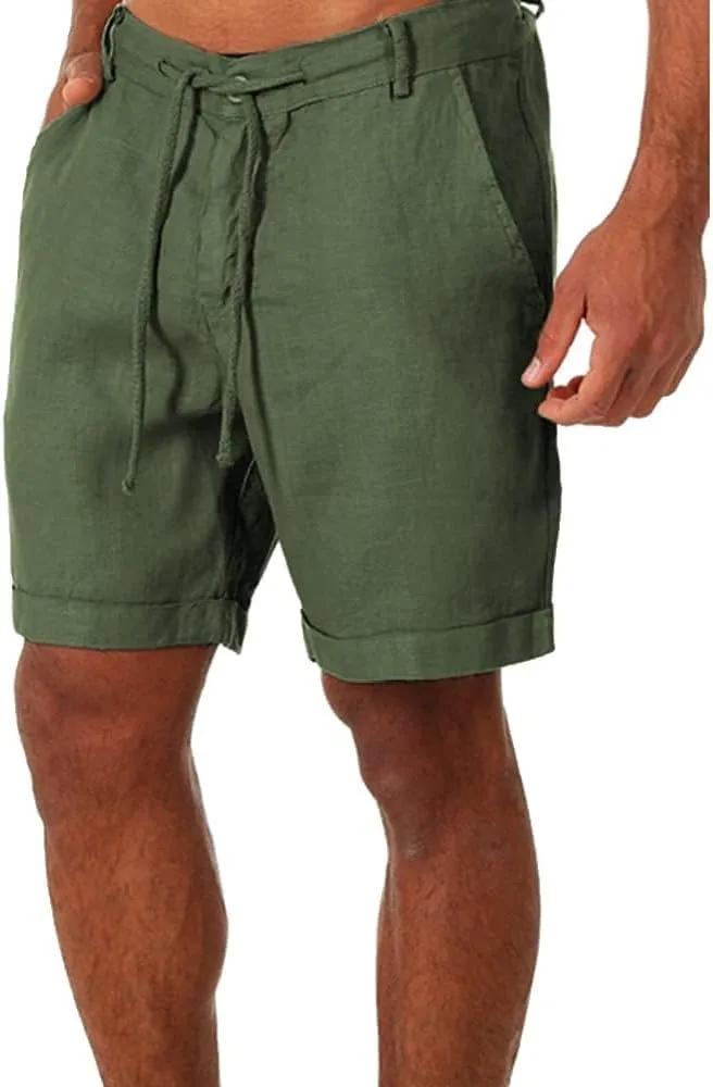 Men's Linen Casual Classic Short Elastic Waist Summer Beach Lightweight Board Slim-Fit with Pockets