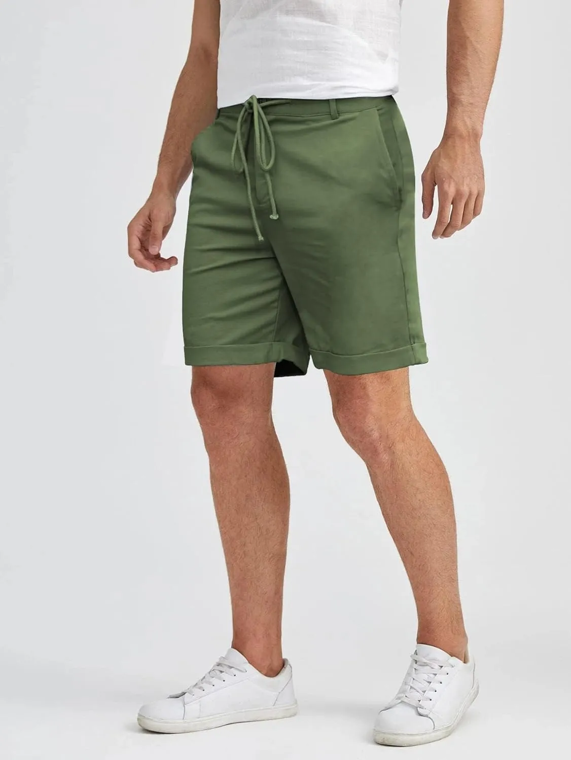 Men's Linen Casual Classic Short Elastic Waist Summer Beach Lightweight Board Slim-Fit with Pockets