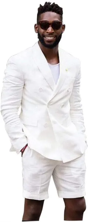 Mens Linen Cotton Shorts Suit Casual Grooms Beach Wedding Slim Fit Tuxedo Suit Blazer & Shorts Set