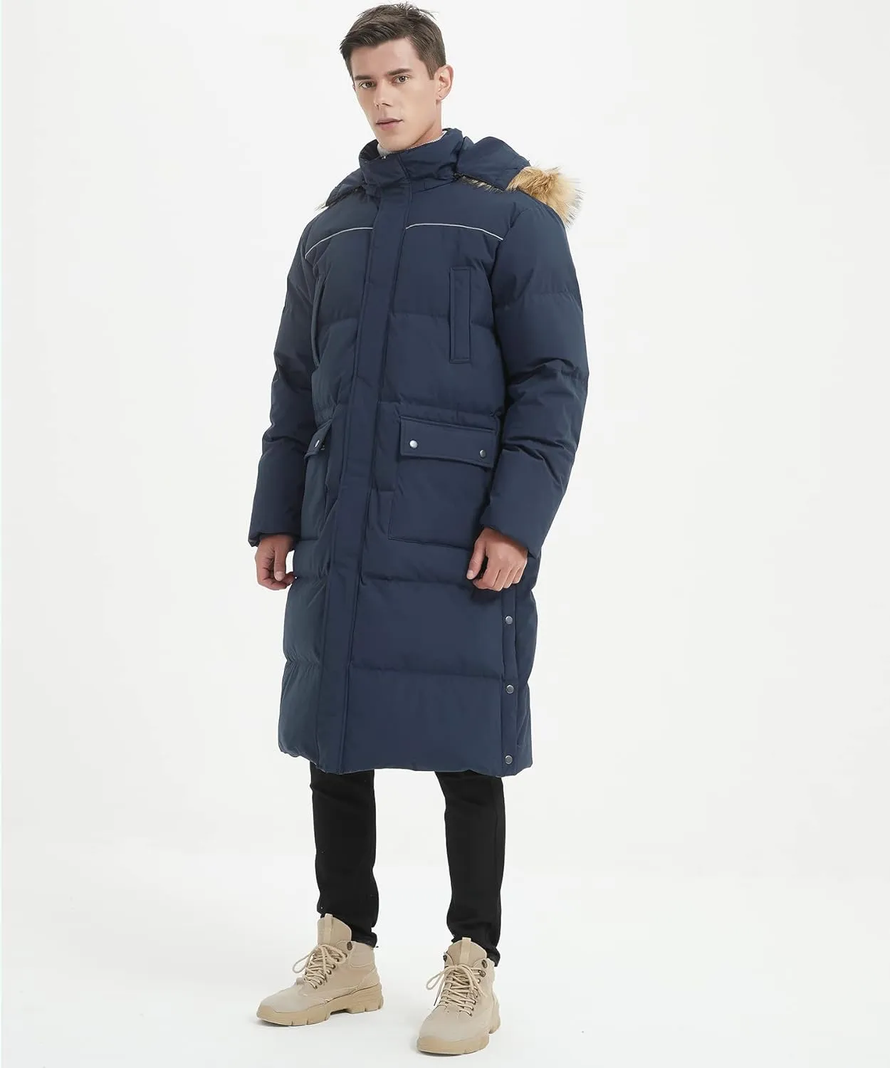 Men's Long Down Coat Thickened Long Puffer Coat Maxi Down Jacket Navy Blue Down Parka