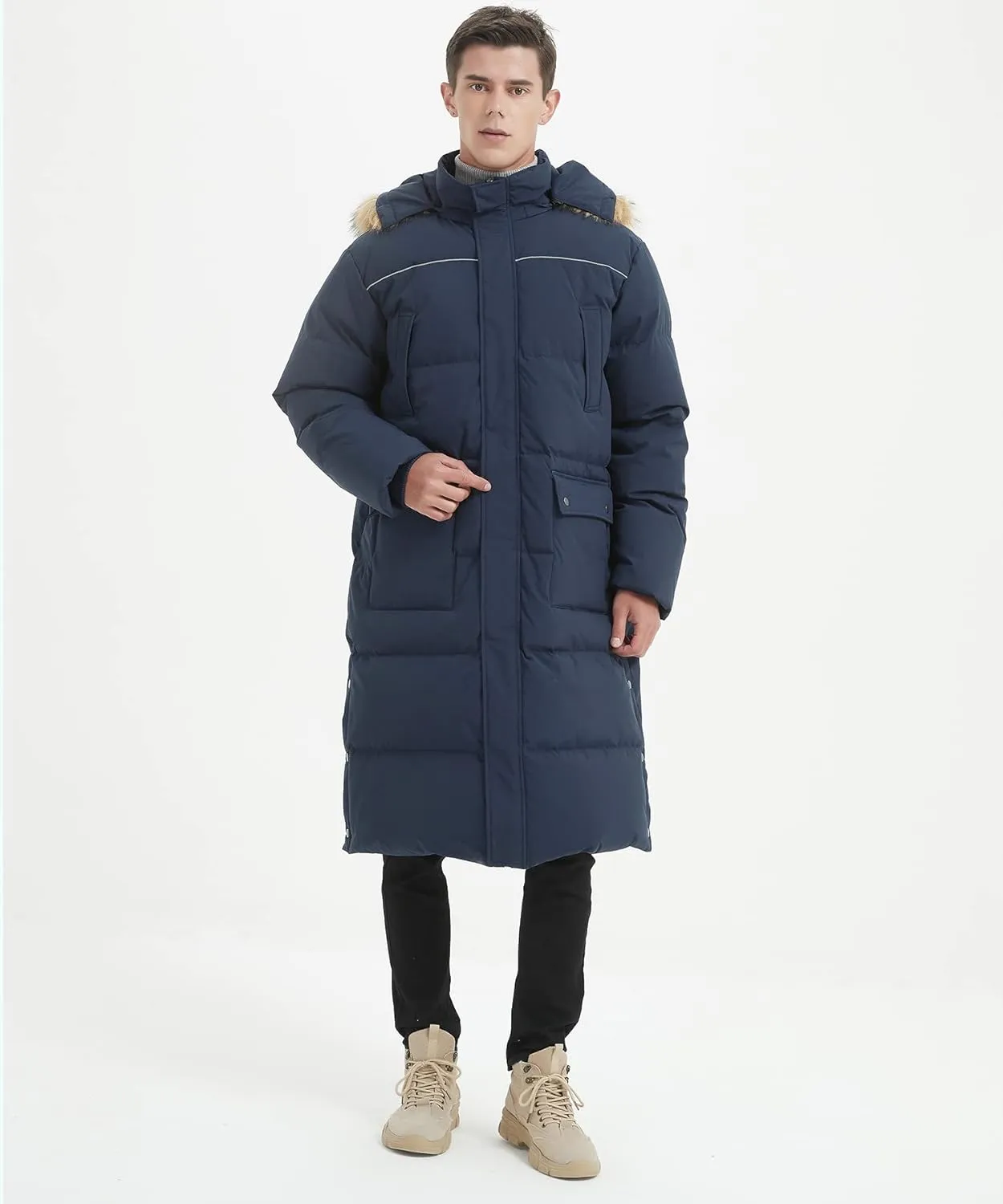 Men's Long Down Coat Thickened Long Puffer Coat Maxi Down Jacket Navy Blue Down Parka