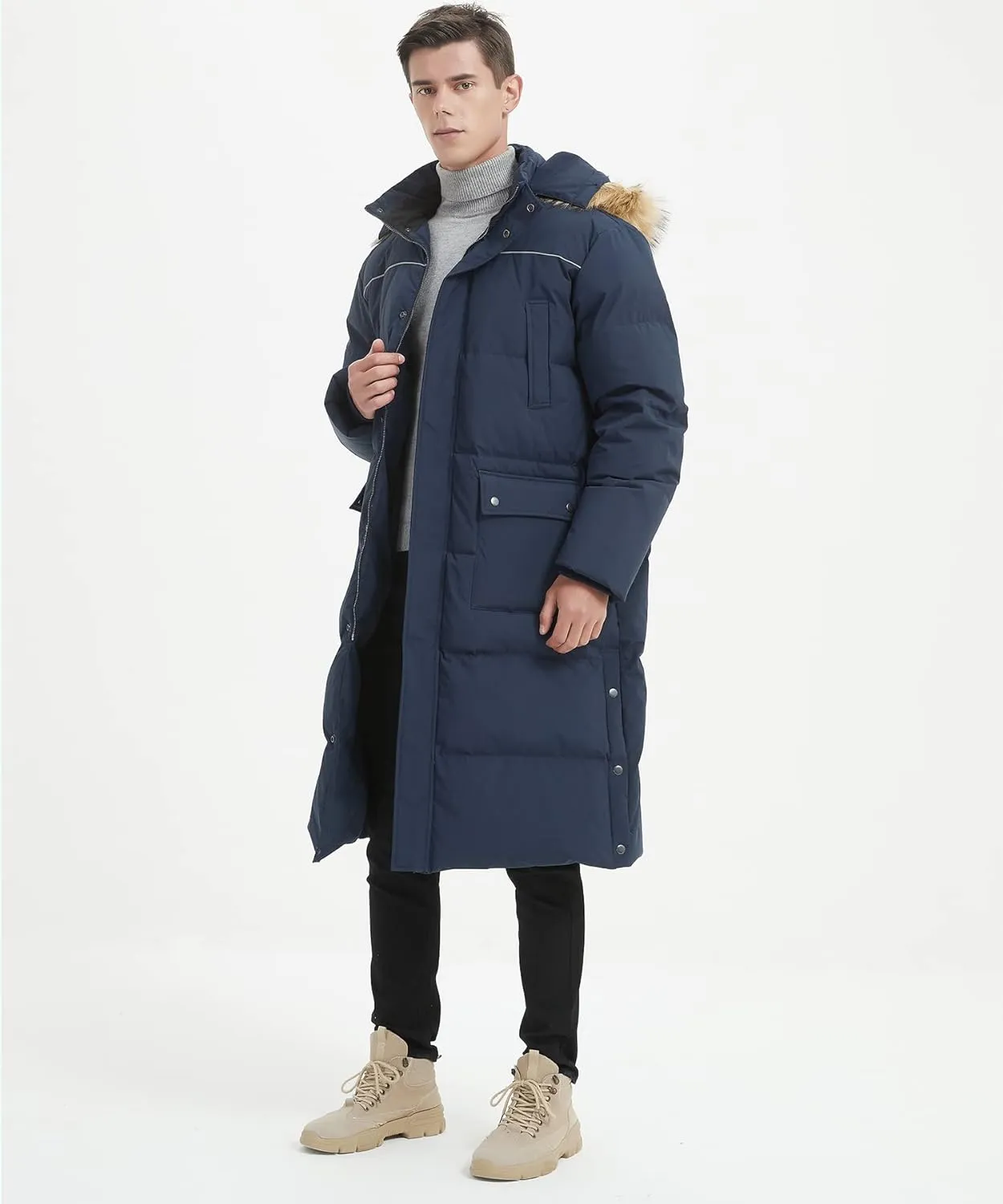 Men's Long Down Coat Thickened Long Puffer Coat Maxi Down Jacket Navy Blue Down Parka