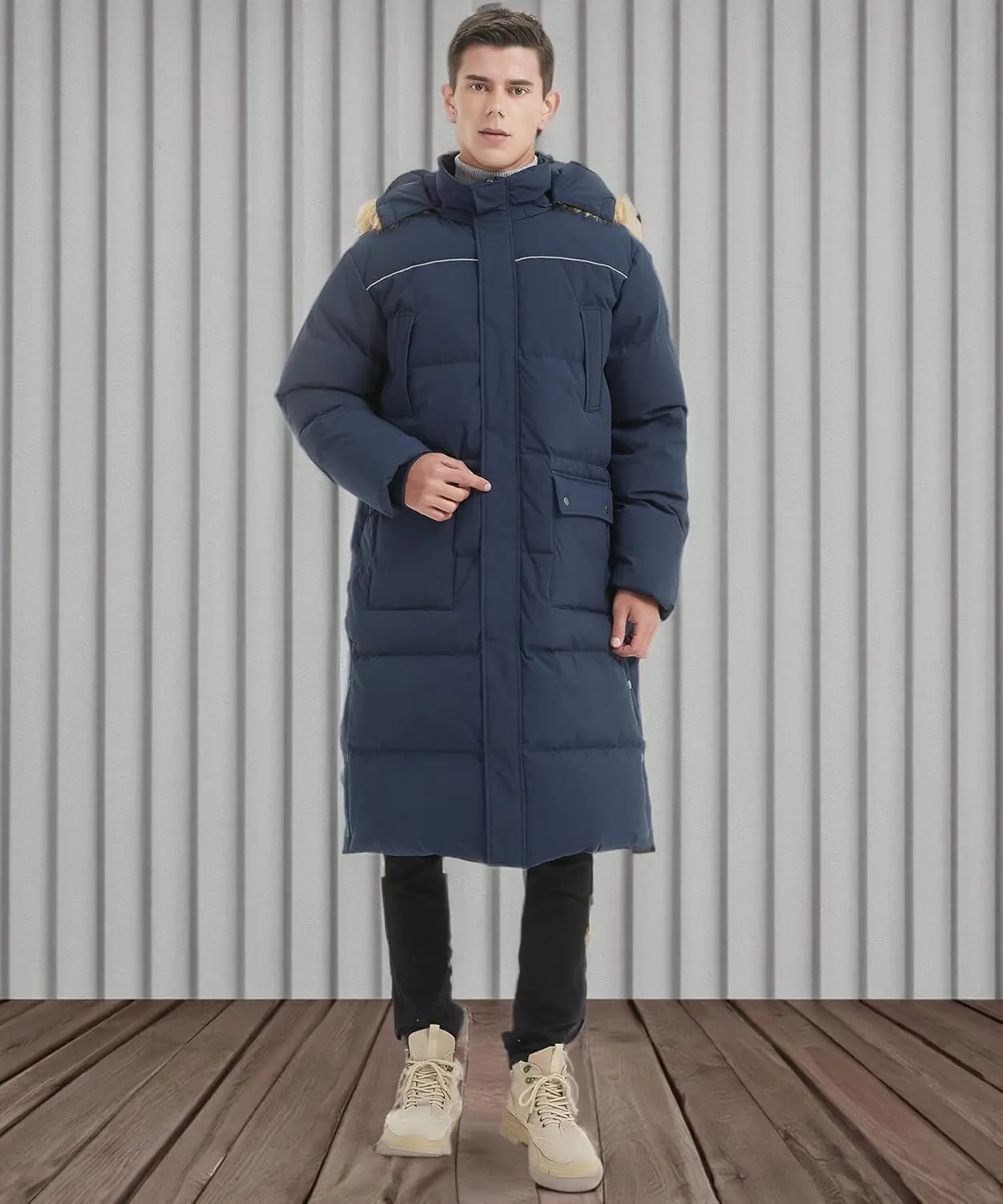 Men's Long Down Coat Thickened Long Puffer Coat Maxi Down Jacket Navy Blue Down Parka