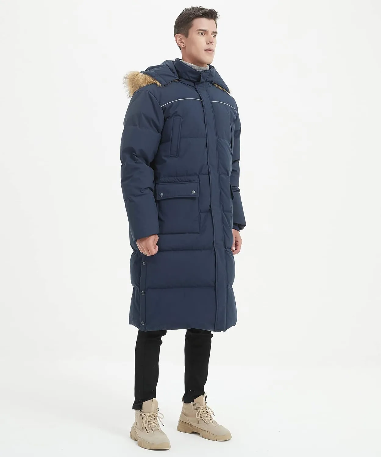 Men's Long Down Coat Thickened Long Puffer Coat Maxi Down Jacket Navy Blue Down Parka