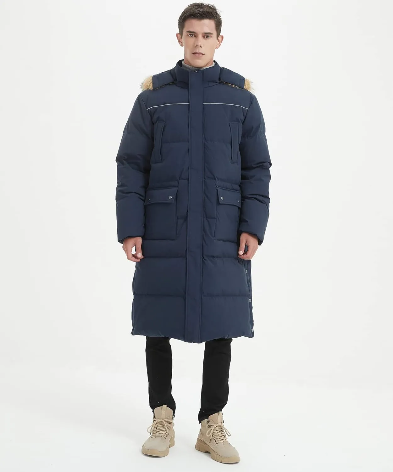 Men's Long Down Coat Thickened Long Puffer Coat Maxi Down Jacket Navy Blue Down Parka