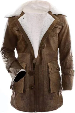 Men's Military Bane Coat Tom Fur Shearling Hardy Winter Knight Rises Sheepskin Leather Trench Coat Black & Brown