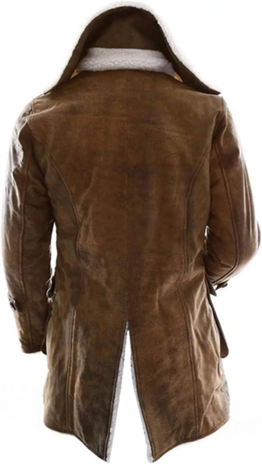 Men's Military Bane Coat Tom Fur Shearling Hardy Winter Knight Rises Sheepskin Leather Trench Coat Black & Brown
