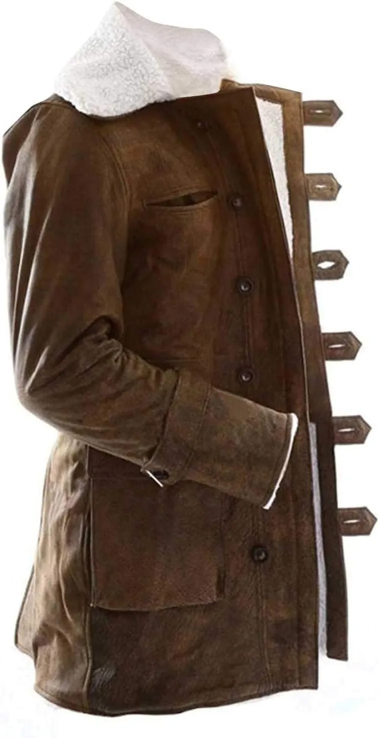 Men's Military Bane Coat Tom Fur Shearling Hardy Winter Knight Rises Sheepskin Leather Trench Coat Black & Brown