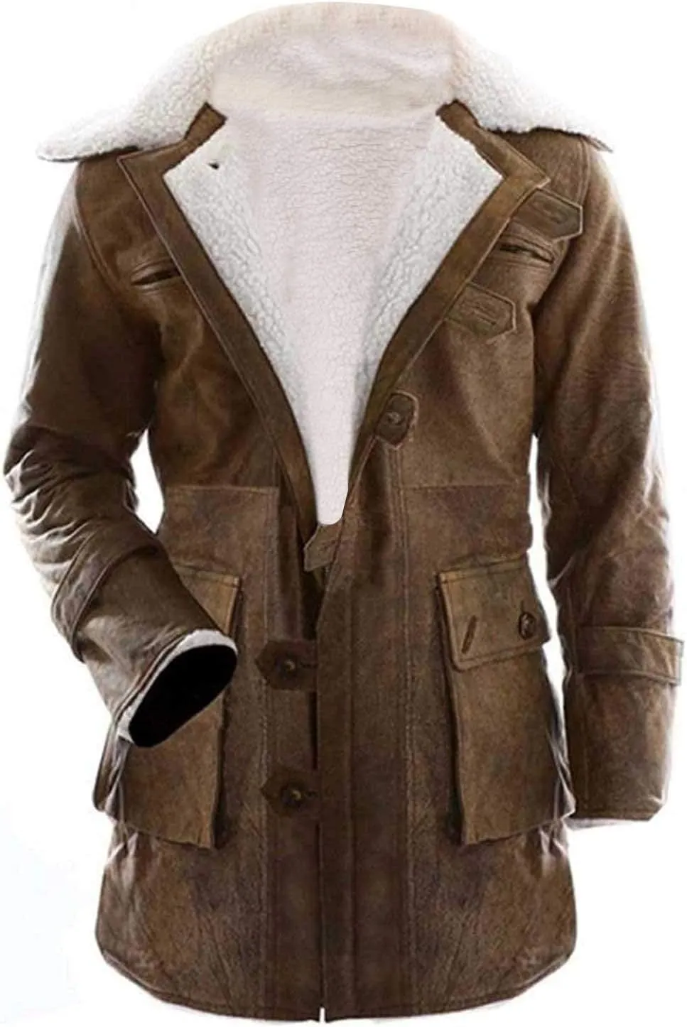Men's Military Bane Coat Tom Fur Shearling Hardy Winter Knight Rises Sheepskin Leather Trench Coat Black & Brown
