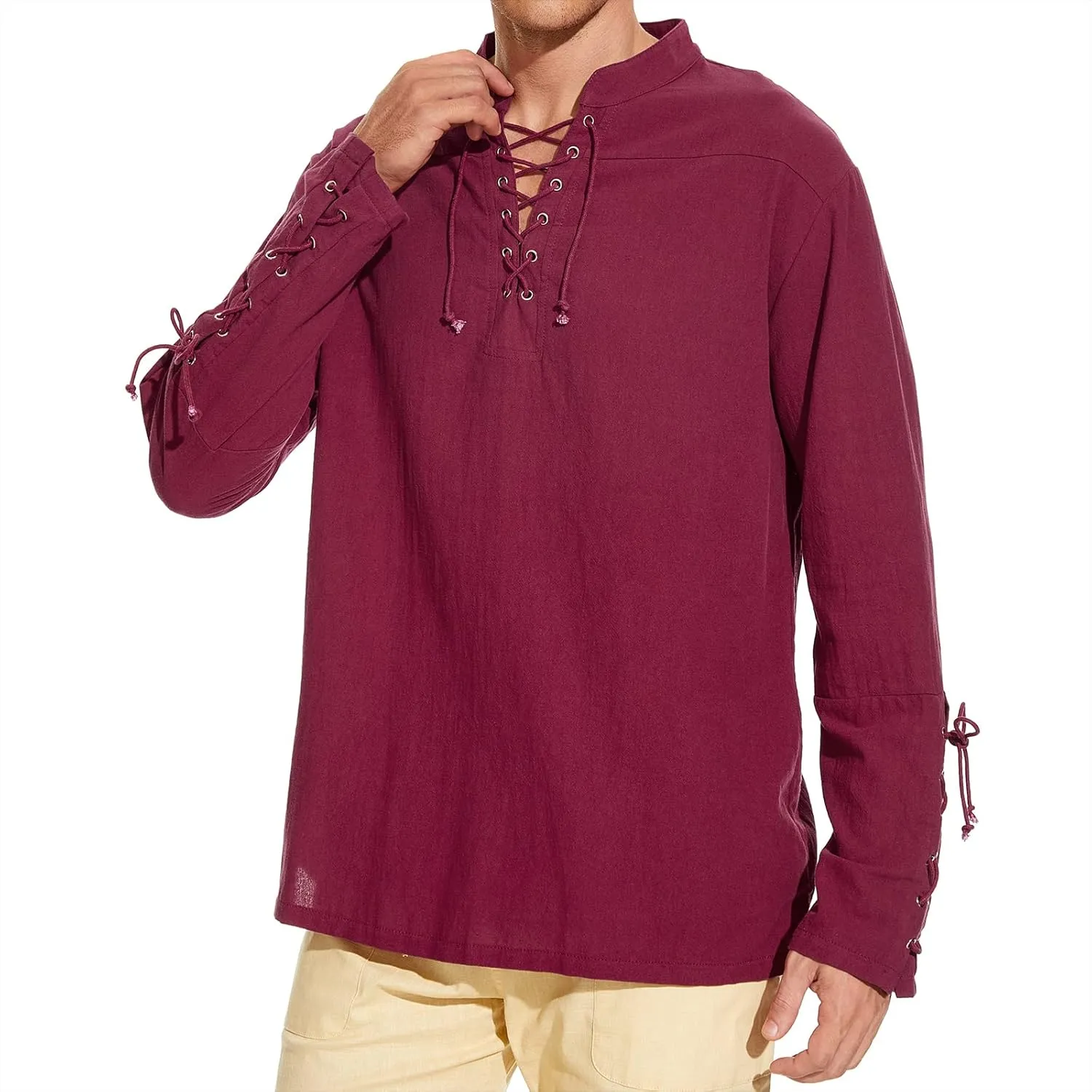 Men's Pirate Shirt Medieval Renaissance Steampunk Retro Long Sleeve Lace up T Shirt Viking Gothic Halloween Costume Top