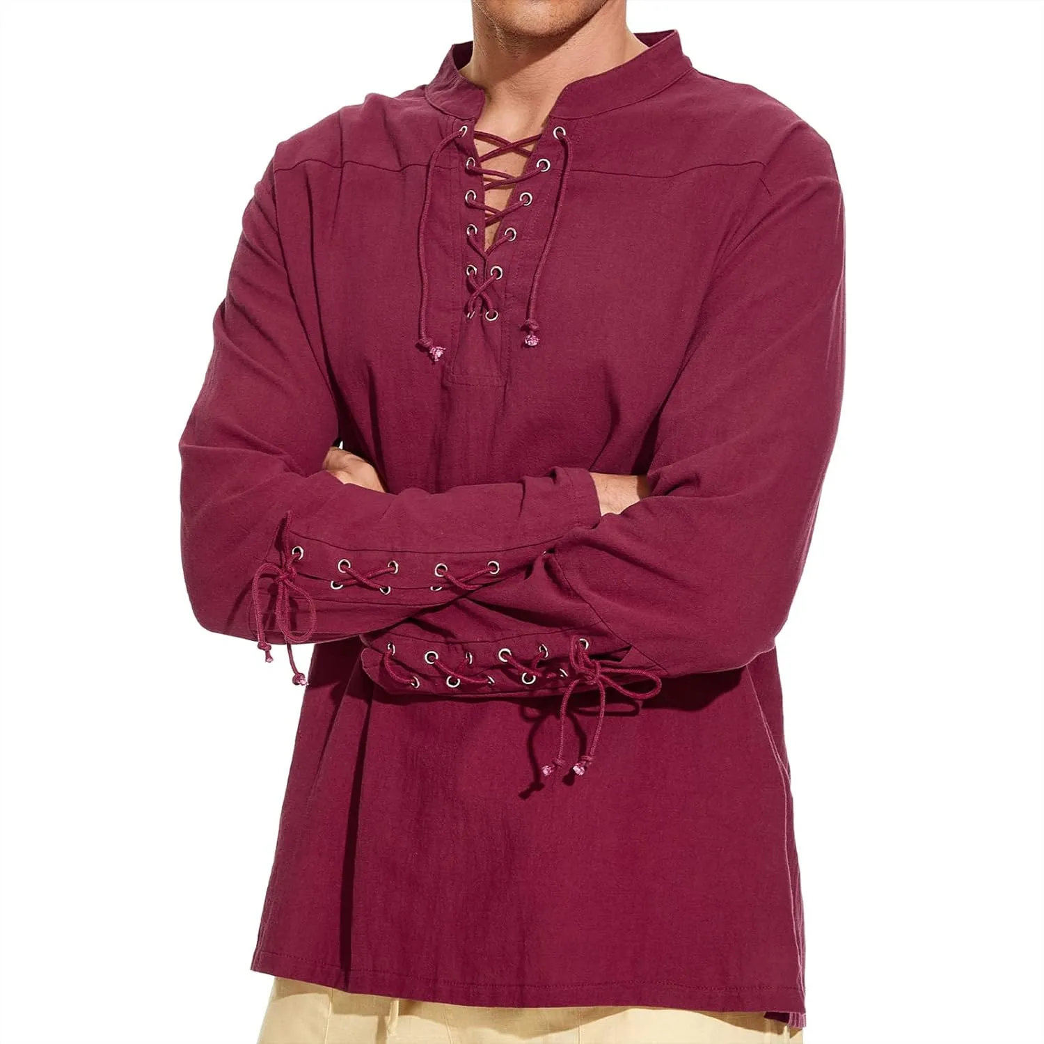 Men's Pirate Shirt Medieval Renaissance Steampunk Retro Long Sleeve Lace up T Shirt Viking Gothic Halloween Costume Top