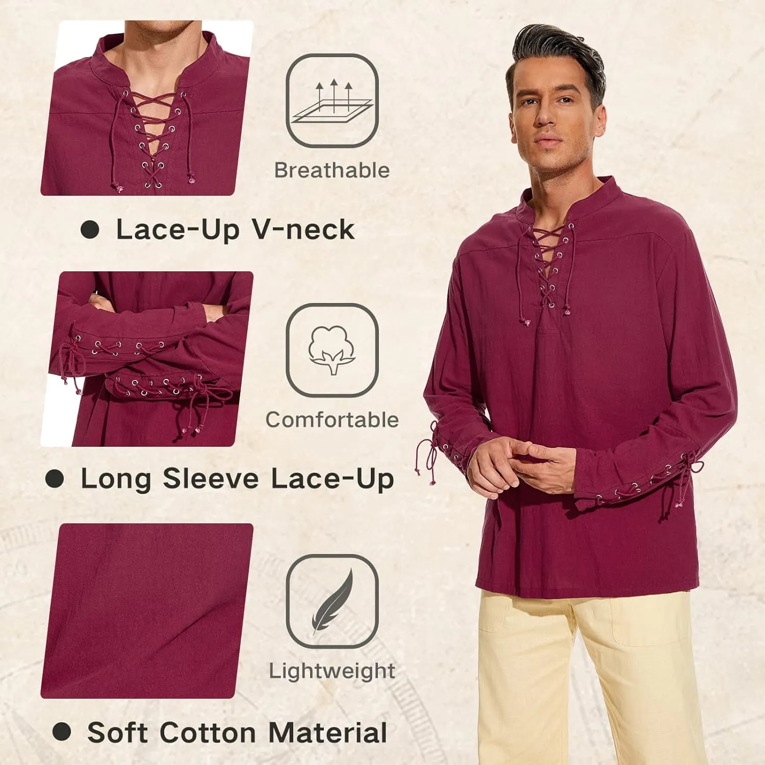 Men's Pirate Shirt Medieval Renaissance Steampunk Retro Long Sleeve Lace up T Shirt Viking Gothic Halloween Costume Top
