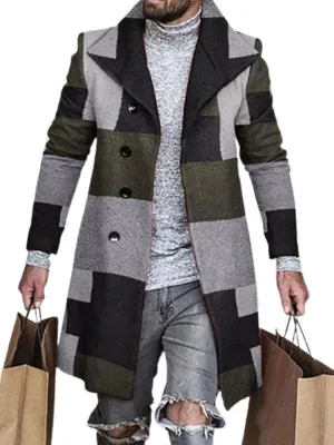 Men's Plaid Trench Coat 2024 Fall Winter Slim Fit Notch Collar Single Breasted Mid Long Peacoat