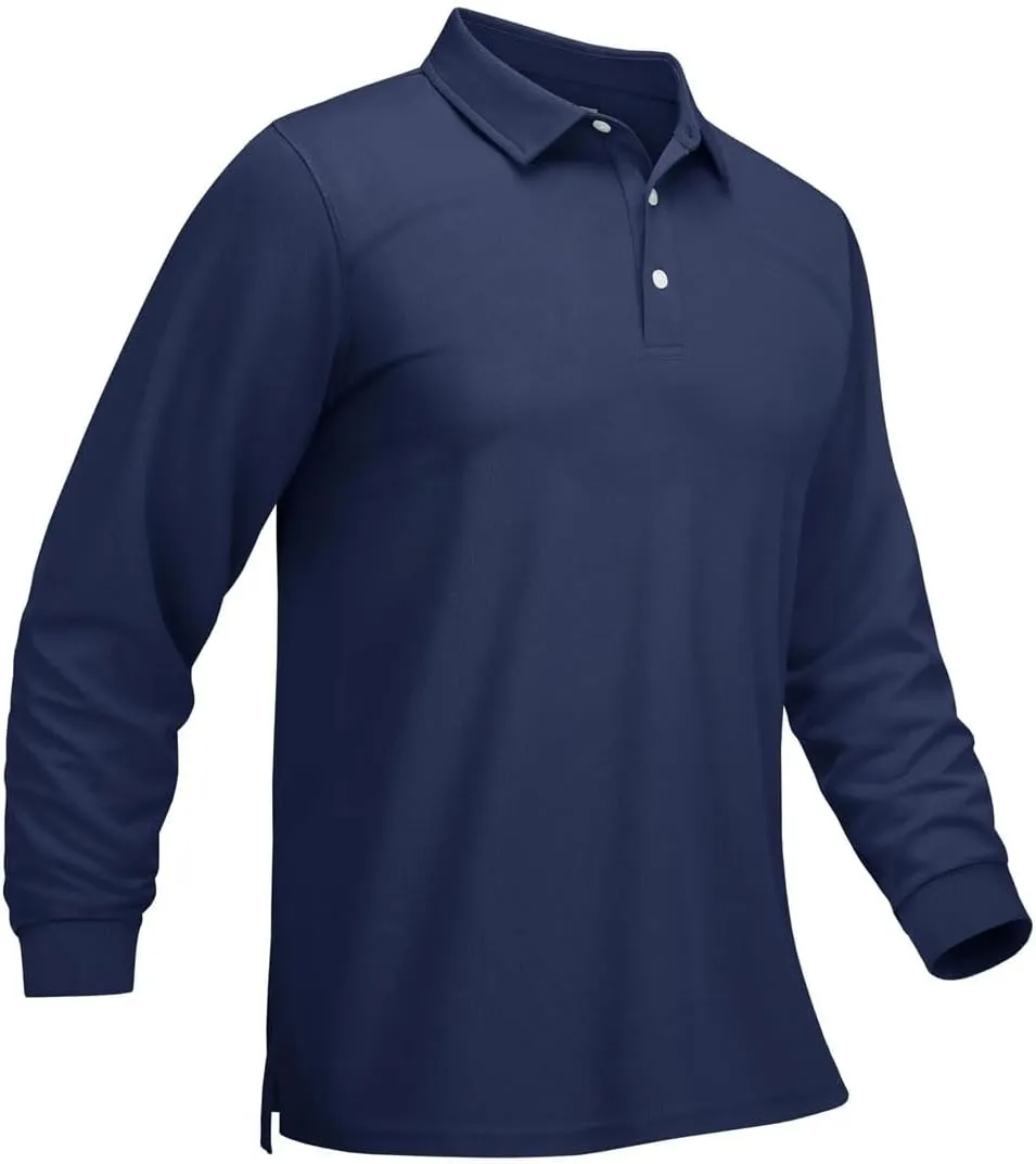 Men's Polo Shirt Long Sleeve Golf Shirts Quick Dry Lightweight 3-Button T-Shirt Work Fishing Athletic Tops