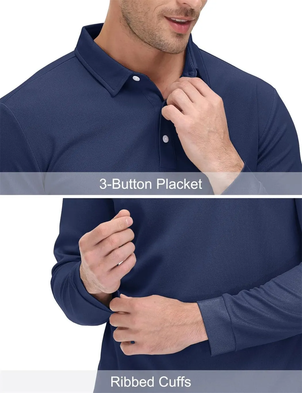 Men's Polo Shirt Long Sleeve Golf Shirts Quick Dry Lightweight 3-Button T-Shirt Work Fishing Athletic Tops
