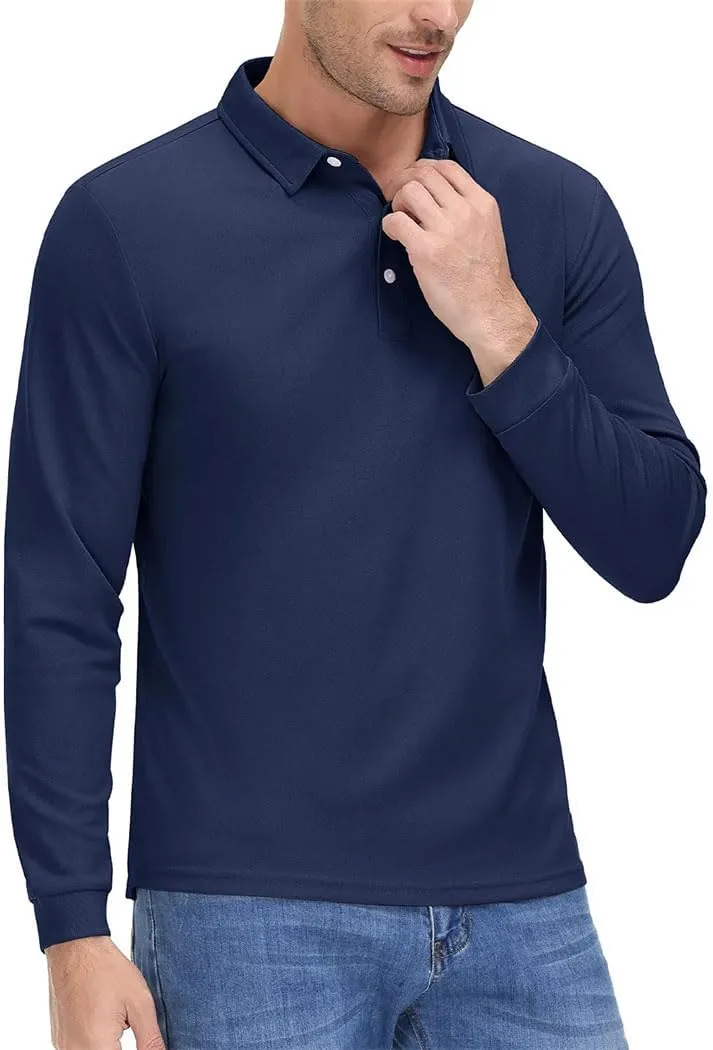 Men's Polo Shirt Long Sleeve Golf Shirts Quick Dry Lightweight 3-Button T-Shirt Work Fishing Athletic Tops