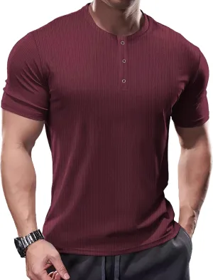Men's Slim Fit Muscle Henley Shirts Stretch Long & Short Sleeve T-Shirt Bodybuilding Workout Gym Ribbed Knit Shirt