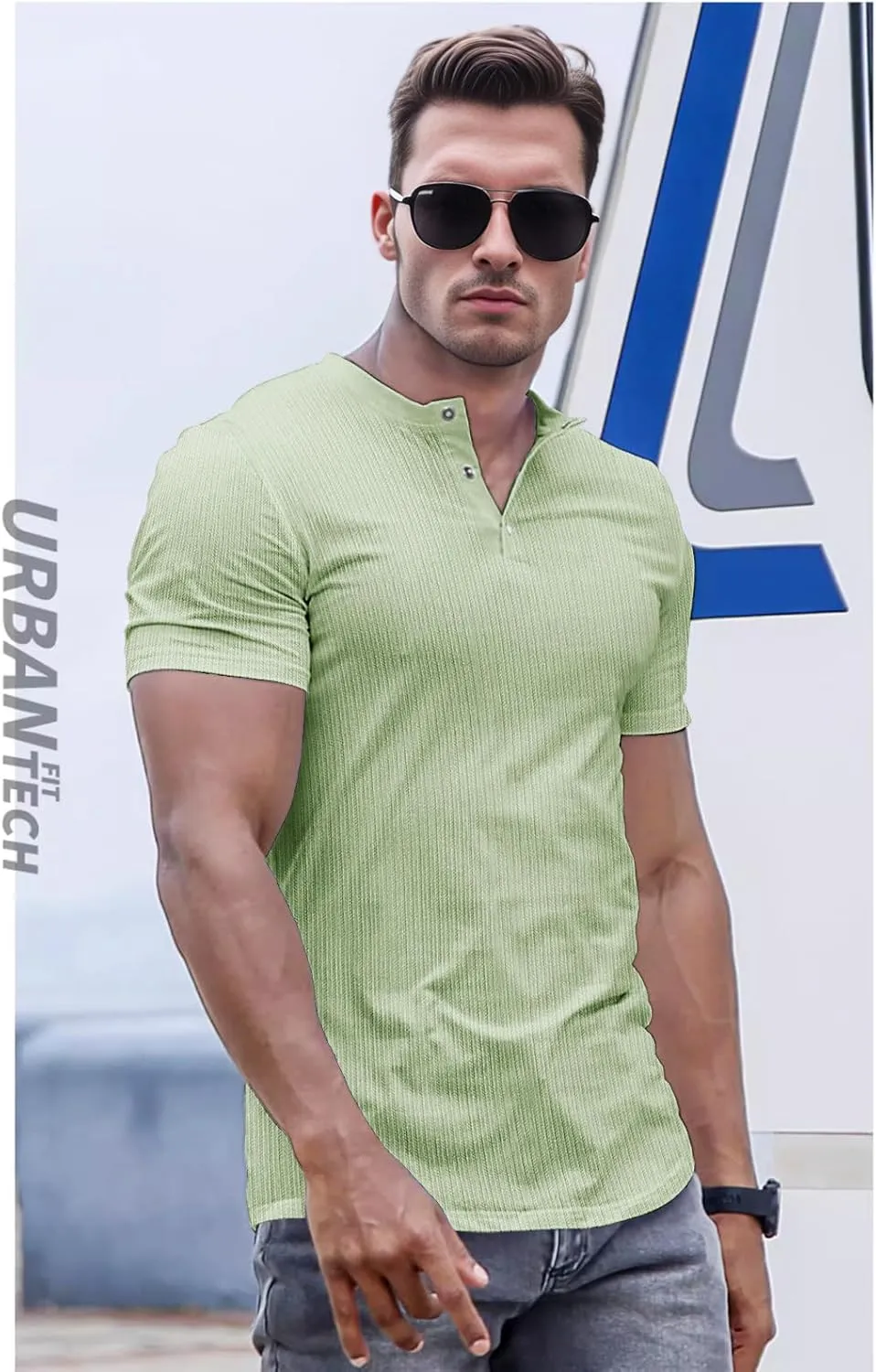Men's Slim Fit Muscle Henley Shirts Stretch Long & Short Sleeve T-Shirt Bodybuilding Workout Gym Ribbed Knit Shirt