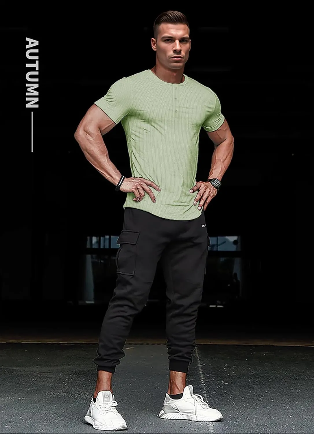 Men's Slim Fit Muscle Henley Shirts Stretch Long & Short Sleeve T-Shirt Bodybuilding Workout Gym Ribbed Knit Shirt