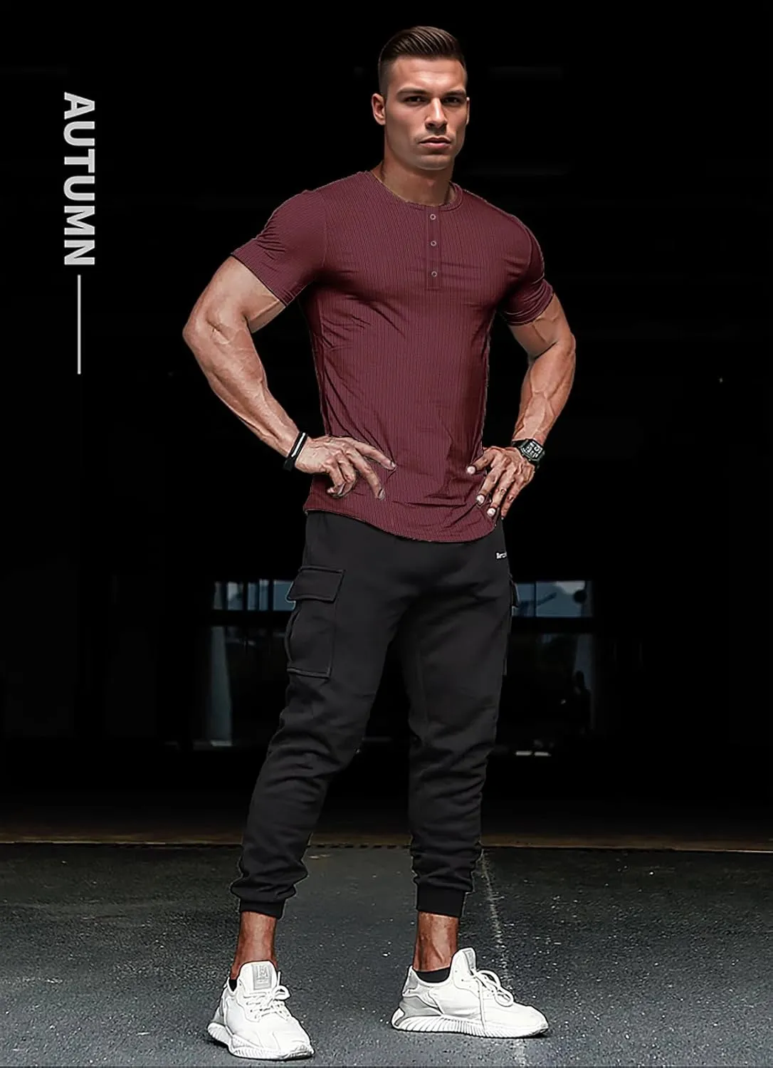 Men's Slim Fit Muscle Henley Shirts Stretch Long & Short Sleeve T-Shirt Bodybuilding Workout Gym Ribbed Knit Shirt