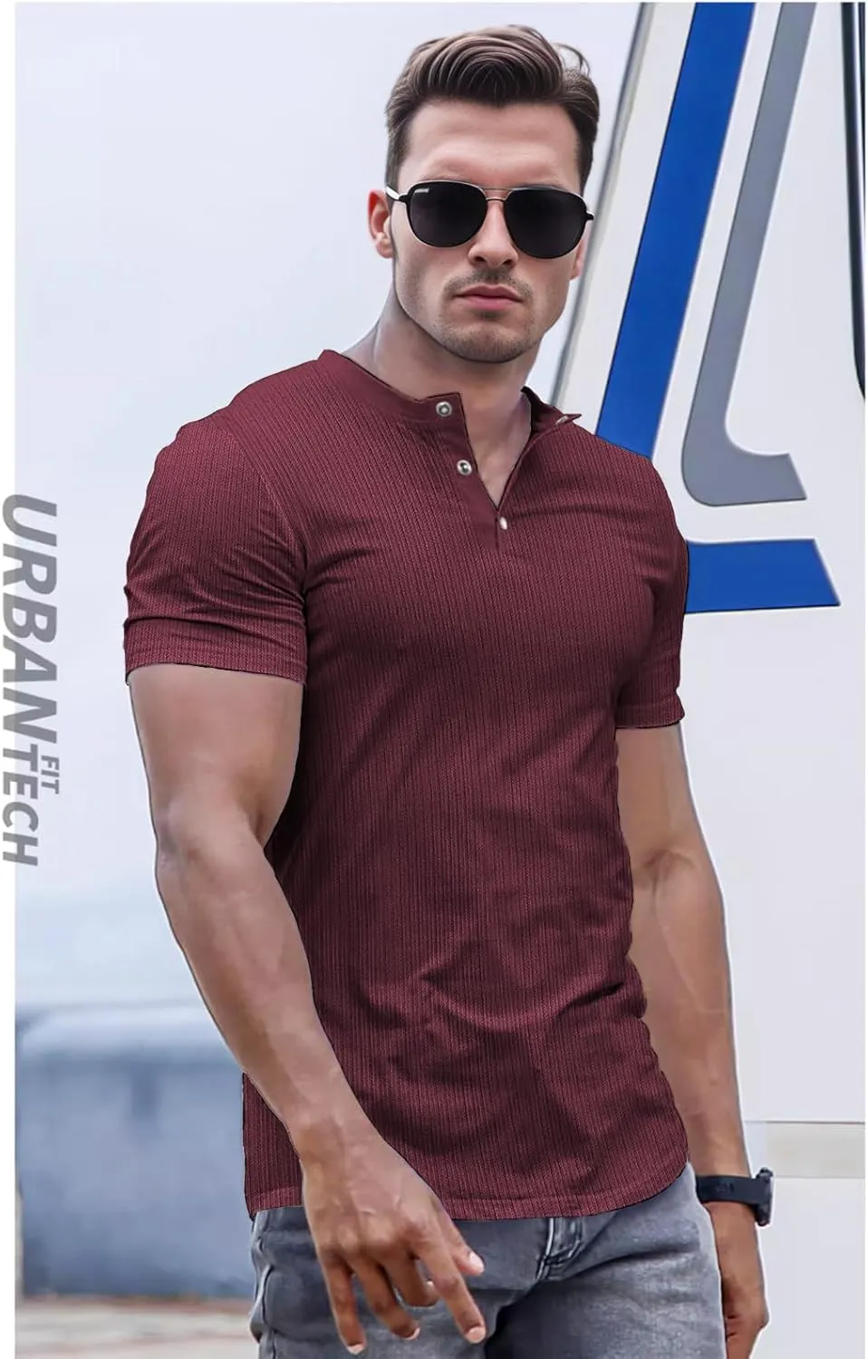 Men's Slim Fit Muscle Henley Shirts Stretch Long & Short Sleeve T-Shirt Bodybuilding Workout Gym Ribbed Knit Shirt
