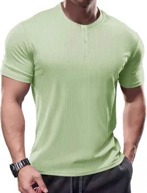 Men's Slim Fit Muscle Henley Shirts Stretch Long & Short Sleeve T-Shirt Bodybuilding Workout Gym Ribbed Knit Shirt