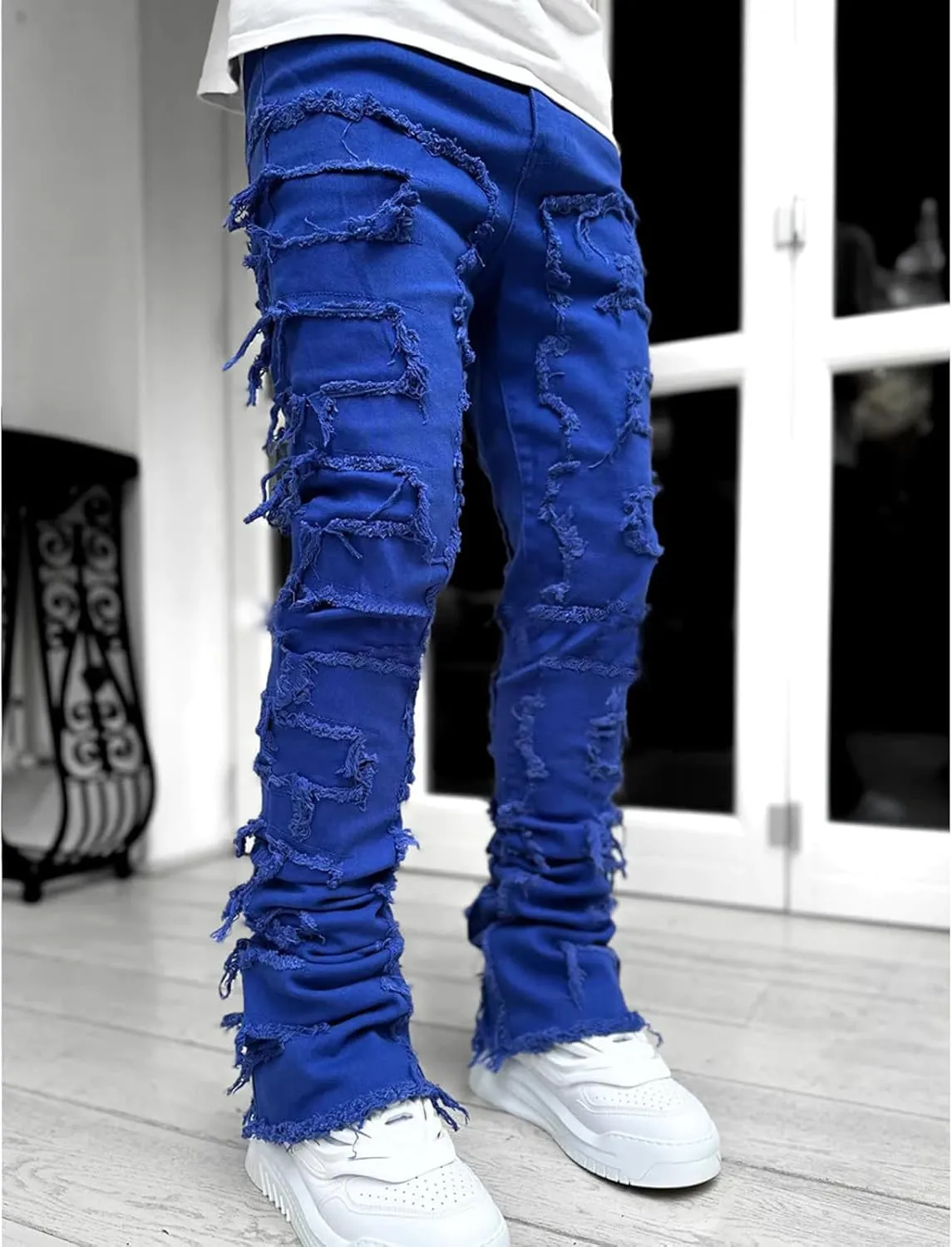 Mens Stacked Jeans Slim Fit Ripped Jeans Destroyed Straight Denim Pants Harajuku Hip Hop Trouser Streetwear