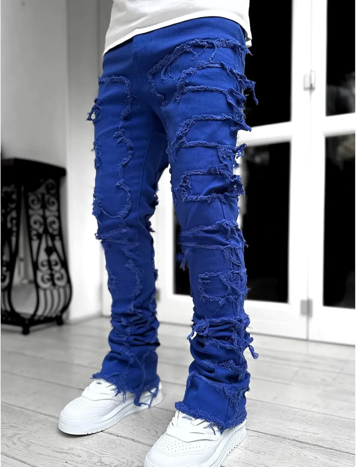 Mens Stacked Jeans Slim Fit Ripped Jeans Destroyed Straight Denim Pants Harajuku Hip Hop Trouser Streetwear