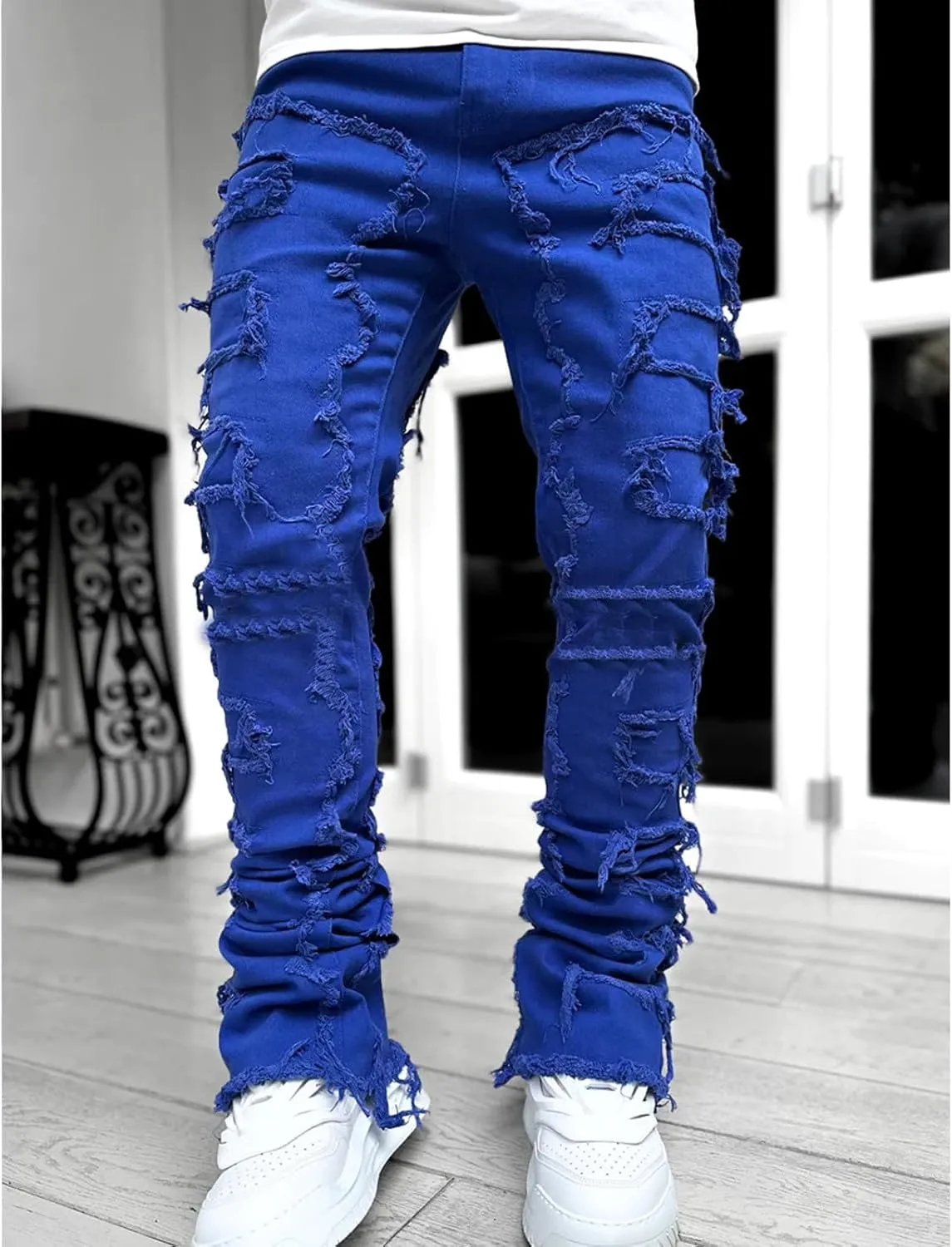 Mens Stacked Jeans Slim Fit Ripped Jeans Destroyed Straight Denim Pants Harajuku Hip Hop Trouser Streetwear