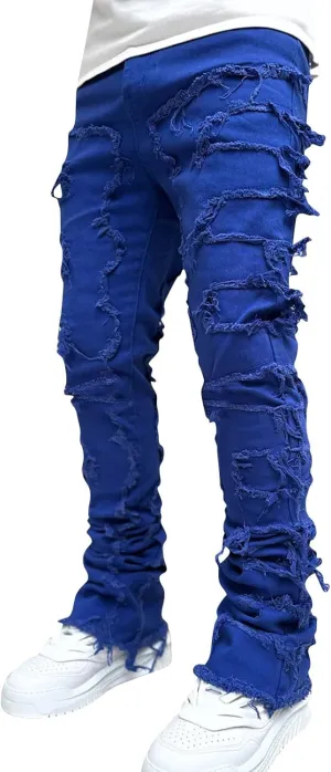 Mens Stacked Jeans Slim Fit Ripped Jeans Destroyed Straight Denim Pants Harajuku Hip Hop Trouser Streetwear