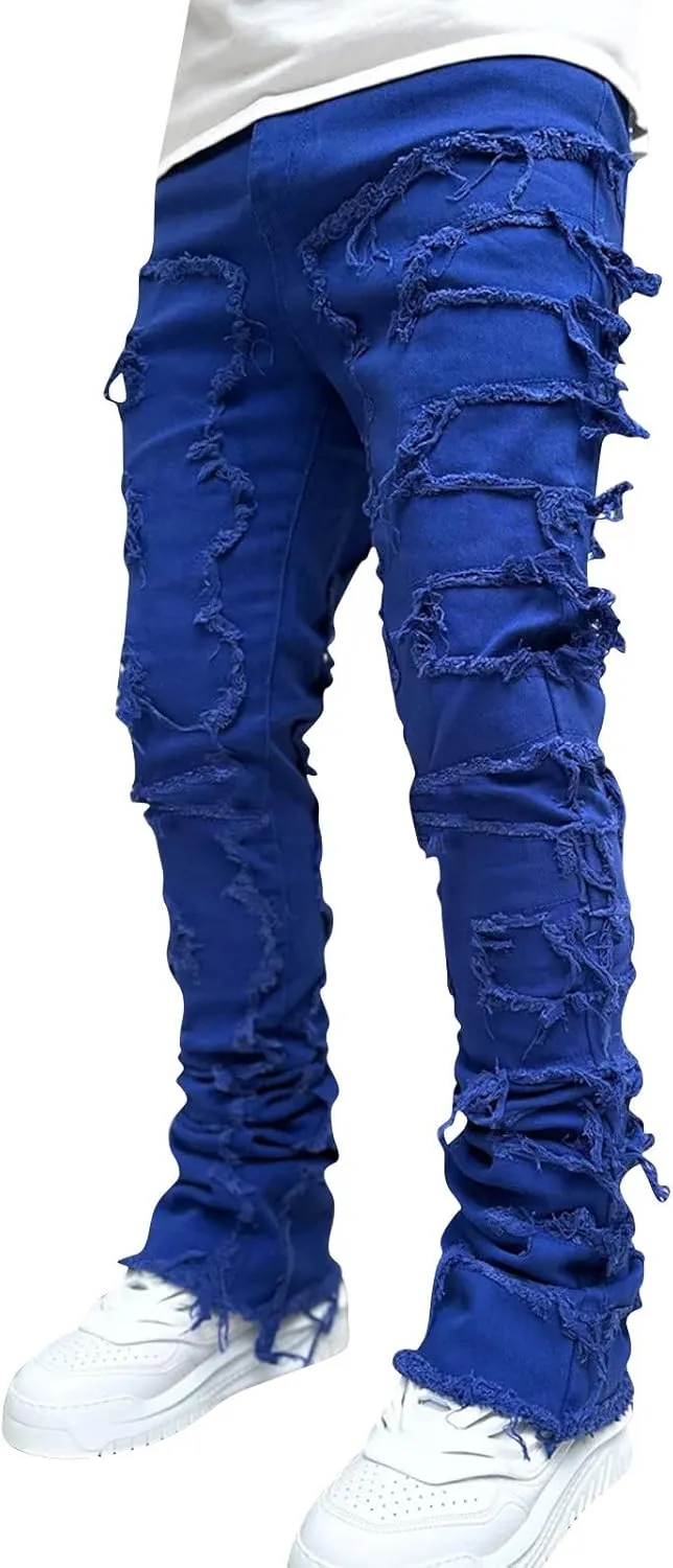 Mens Stacked Jeans Slim Fit Ripped Jeans Destroyed Straight Denim Pants Harajuku Hip Hop Trouser Streetwear