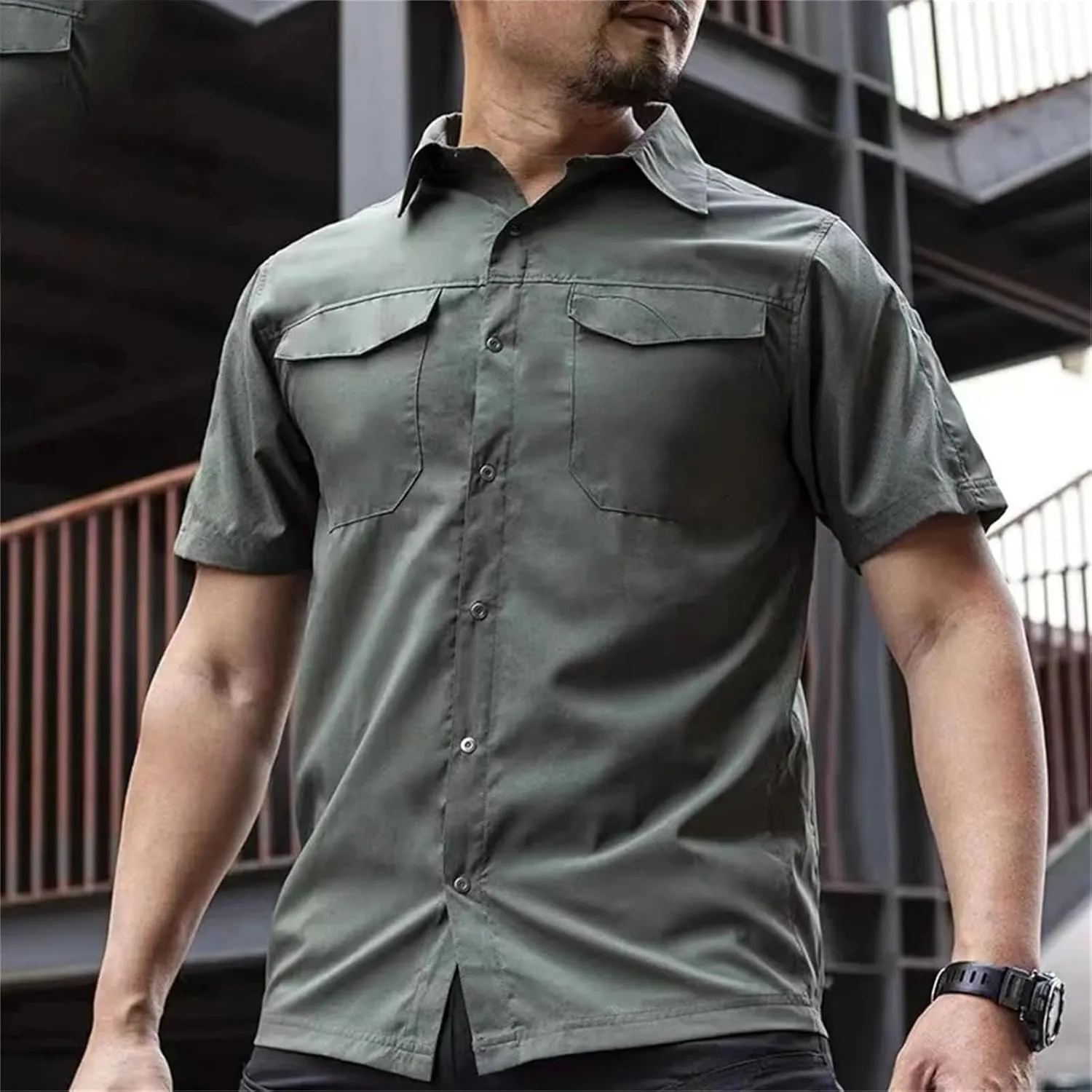 Men's Tactical Cargo Shirt, Quick-Dry Military Summer Workwear Lapel Breathable
