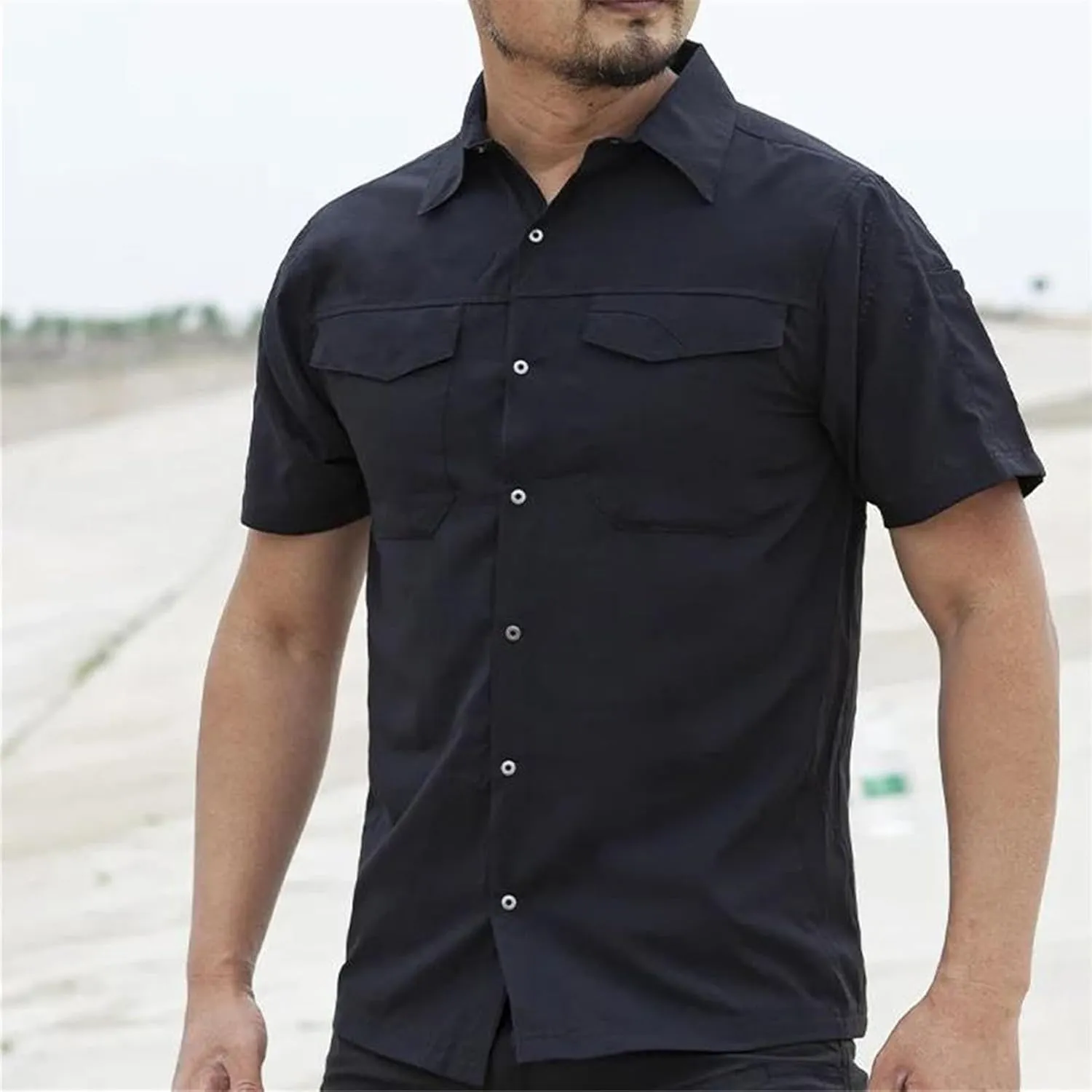 Men's Tactical Cargo Shirt, Quick-Dry Military Summer Workwear Lapel Breathable