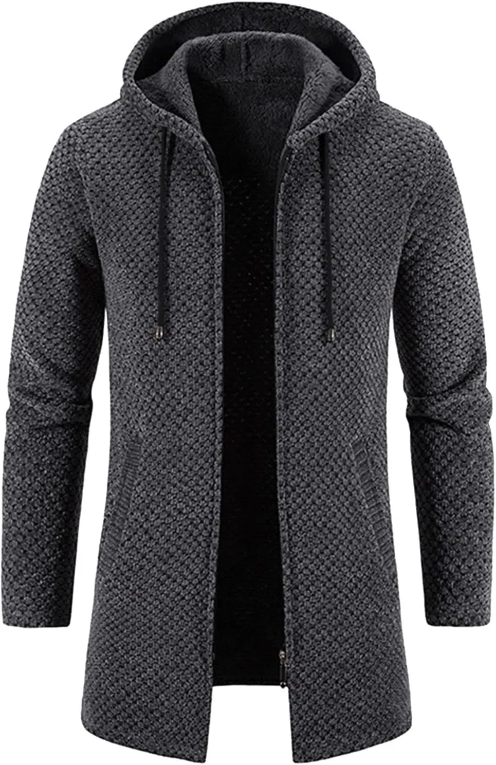Mens Trench Coat Winter Wool Blend Jacket Overcoat Warm Long Coat, Winter Solid Knitted Hooded Cardigan Jacket