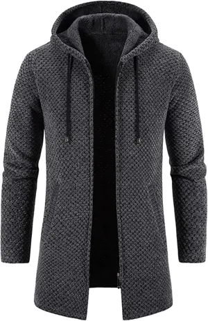 Mens Trench Coat Winter Wool Blend Jacket Overcoat Warm Long Coat, Winter Solid Knitted Hooded Cardigan Jacket
