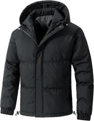 Mens Winter Warm Puffer Jacket Casual Long Sleeves High Neck Hooded Full-Zip Thick Bread Down Jackets