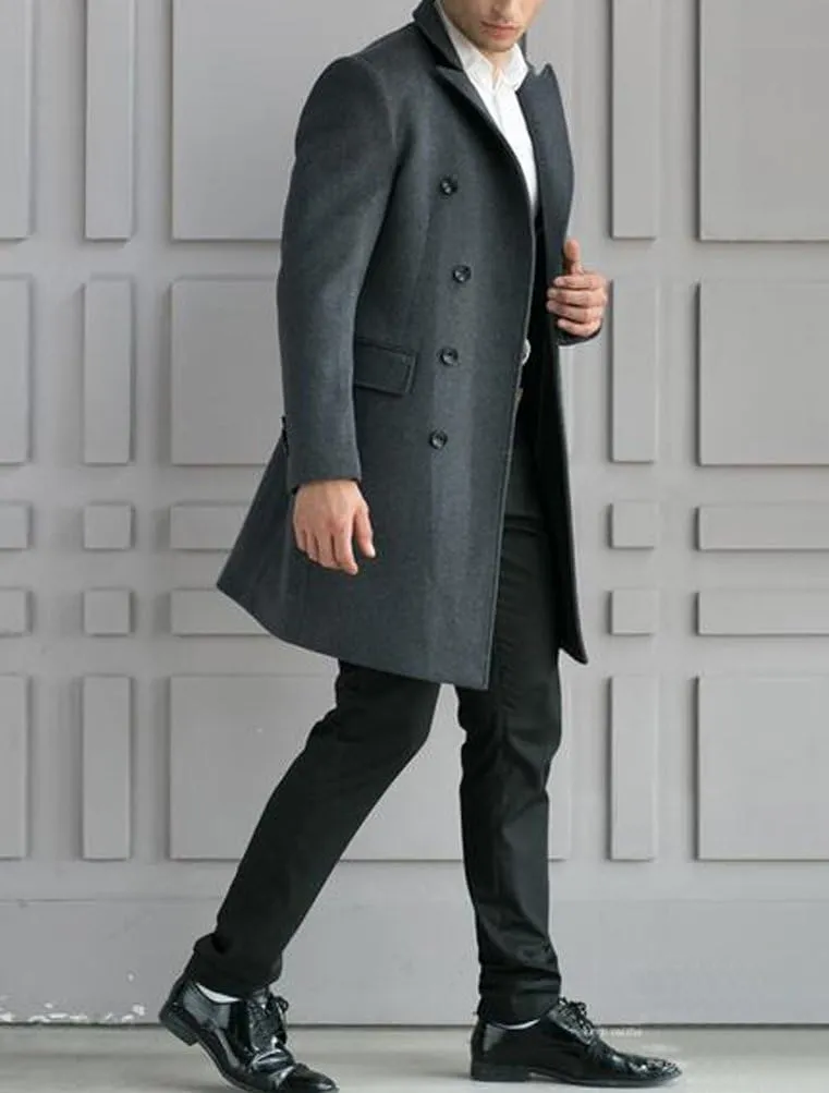Minibee Men's Woolen Trench Coat Double Breasted Slim Fit Winter Overcoat Long Jacket Business Pea Jacket