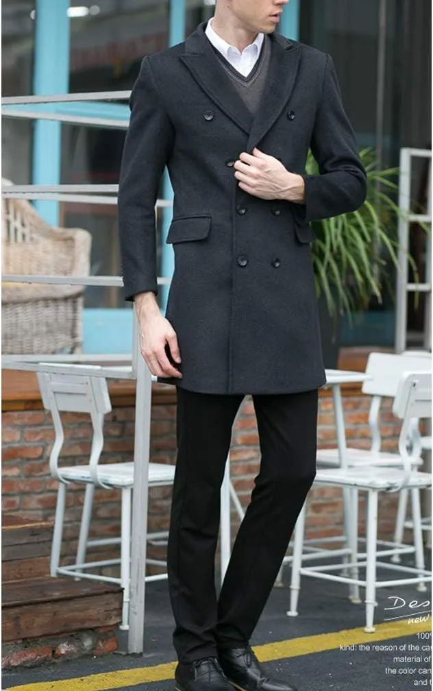 Minibee Men's Woolen Trench Coat Double Breasted Slim Fit Winter Overcoat Long Jacket Business Pea Jacket