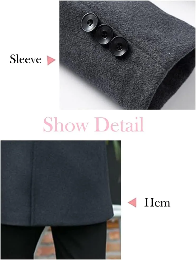 Minibee Men's Woolen Trench Coat Double Breasted Slim Fit Winter Overcoat Long Jacket Business Pea Jacket