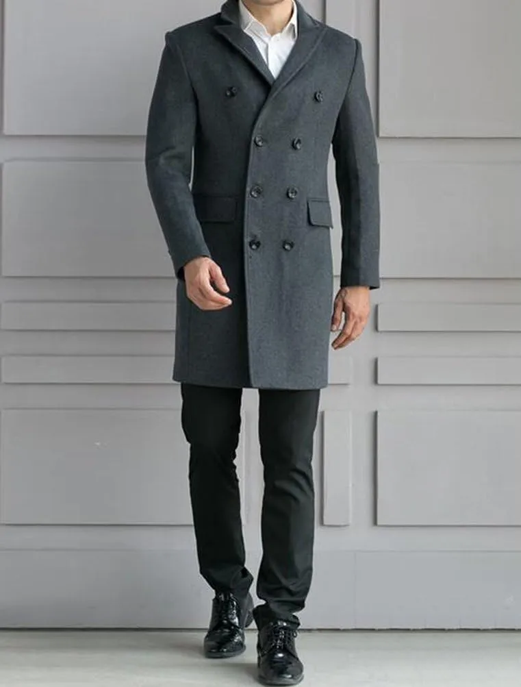 Minibee Men's Woolen Trench Coat Double Breasted Slim Fit Winter Overcoat Long Jacket Business Pea Jacket