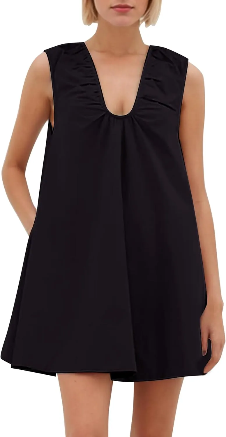 MISSACTIVER Women's Sleeveless Babydoll Tank Mini Dress Scoop Neck Ruched Short Dress with Side Pockets Summer Party Dresses