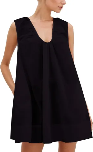 MISSACTIVER Women's Sleeveless Babydoll Tank Mini Dress Scoop Neck Ruched Short Dress with Side Pockets Summer Party Dresses
