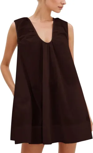 MISSACTIVER Women's Sleeveless Babydoll Tank Mini Dress Scoop Neck Ruched Short Dress with Side Pockets Summer Party Dresses