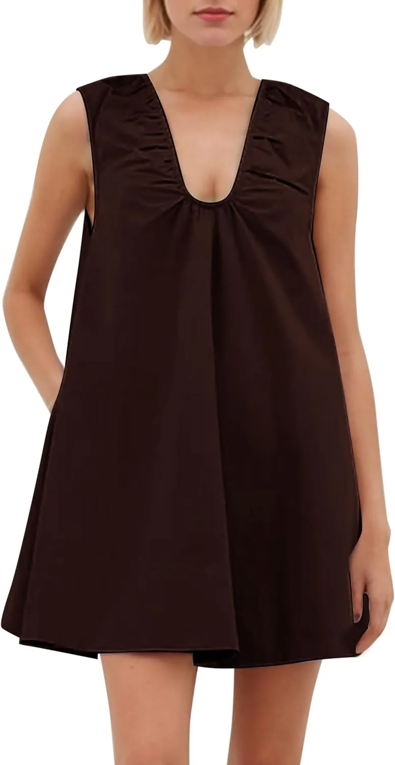 MISSACTIVER Women's Sleeveless Babydoll Tank Mini Dress Scoop Neck Ruched Short Dress with Side Pockets Summer Party Dresses