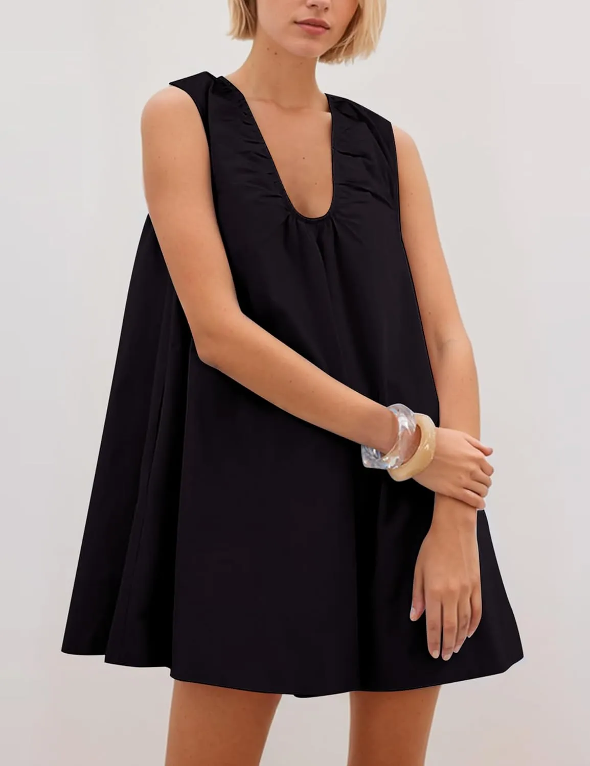 MISSACTIVER Women's Sleeveless Babydoll Tank Mini Dress Scoop Neck Ruched Short Dress with Side Pockets Summer Party Dresses