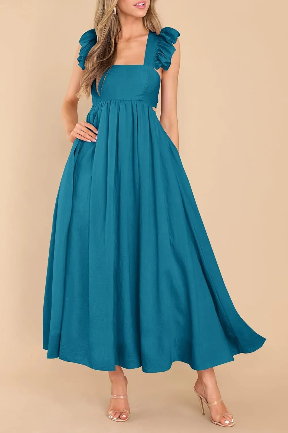 MITILLY Women's Summer Flutter Sleeve Square Neck Tie Back Casual Pleated A-Line Flowy Maxi Dress with Pockets