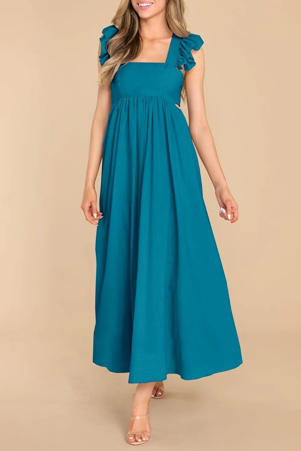 MITILLY Women's Summer Flutter Sleeve Square Neck Tie Back Casual Pleated A-Line Flowy Maxi Dress with Pockets