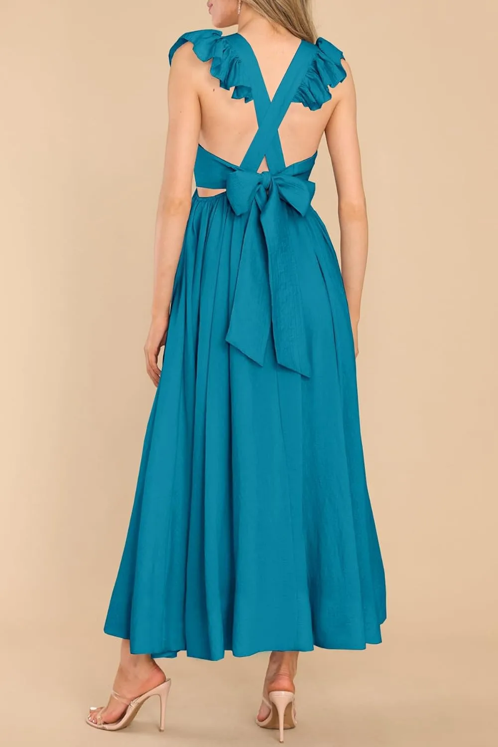 MITILLY Women's Summer Flutter Sleeve Square Neck Tie Back Casual Pleated A-Line Flowy Maxi Dress with Pockets